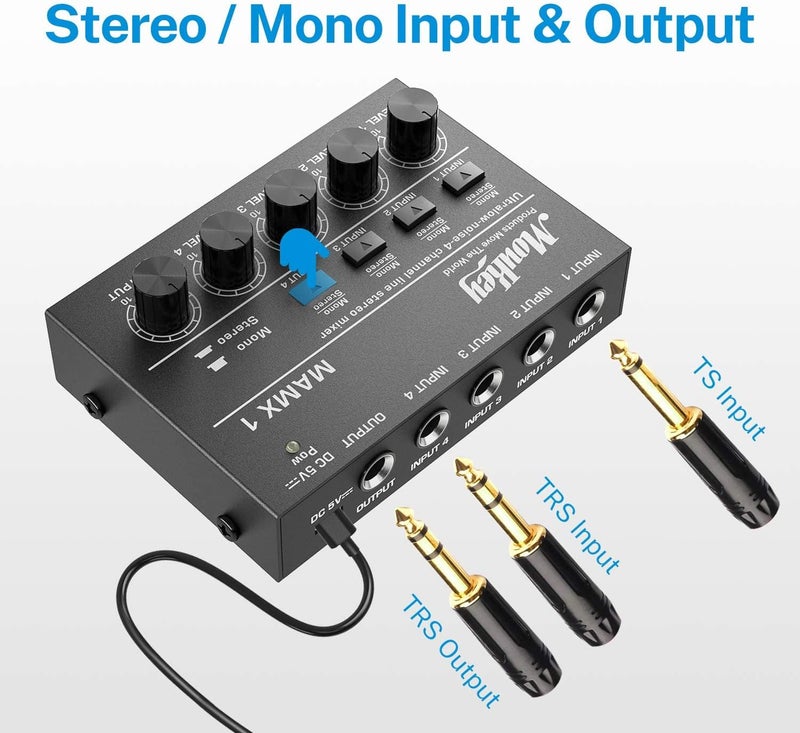 Moukey Mini Audio Mixer, DC 5V, 4 Stereo Ultra, Low Noise 4 Channel Line Mixer for Sub-Mixing, for Small Clubs or Bars, As Guitars, Bass, Keyboards Mixer, MAMX1 - Image 2