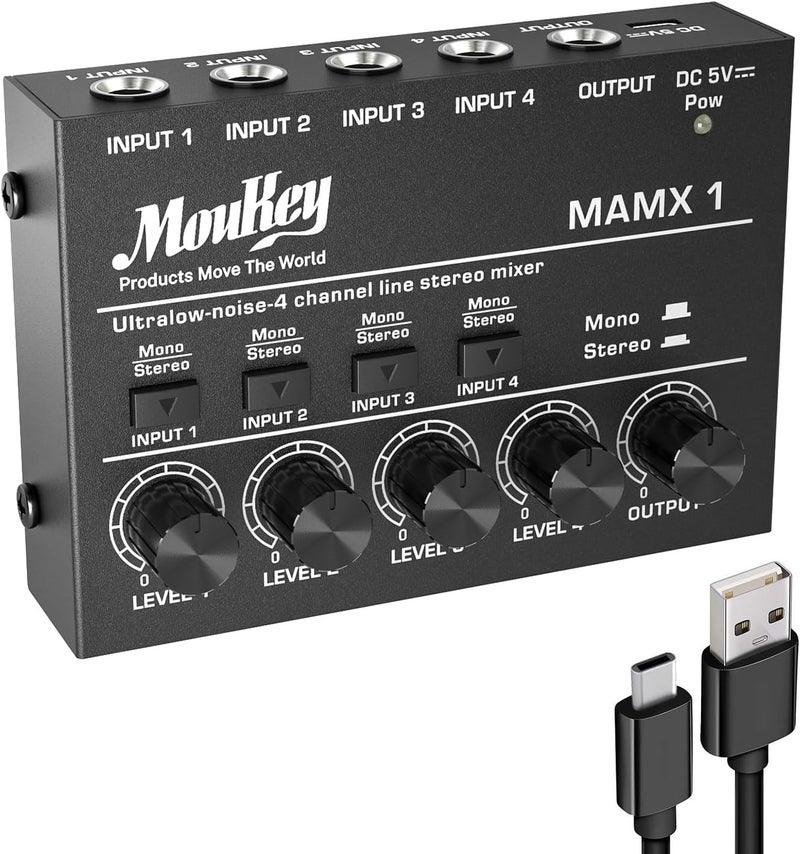 Moukey Mini Audio Mixer, DC 5V, 4 Stereo Ultra, Low Noise 4 Channel Line Mixer for Sub-Mixing, for Small Clubs or Bars, As Guitars, Bass, Keyboards Mixer, MAMX1 - Image 1
