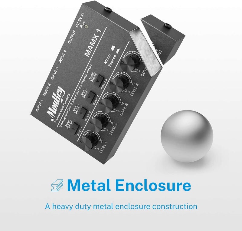 Moukey Mini Audio Mixer, DC 5V, 4 Stereo Ultra, Low Noise 4 Channel Line Mixer for Sub-Mixing, for Small Clubs or Bars, As Guitars, Bass, Keyboards Mixer, MAMX1 - Image 3