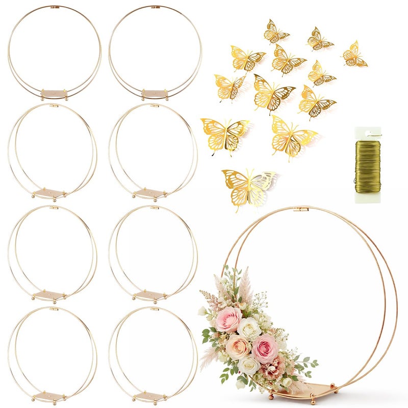 MJRASG 8 Pack 14 Inches Metal Double Floral Hoop Centerpieces with Stand and 38-Yard Paddle Wire Craft Centerpiece Table Decorations Wedding/Baptism/Party/Centerpiece DIY Metal Ring Table DÃ©cor, Gold - Image 1