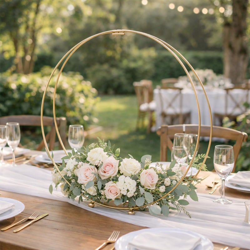 MJRASG 8 Pack 14 Inches Metal Double Floral Hoop Centerpieces with Stand and 38-Yard Paddle Wire Craft Centerpiece Table Decorations Wedding/Baptism/Party/Centerpiece DIY Metal Ring Table DÃ©cor, Gold - Image 2