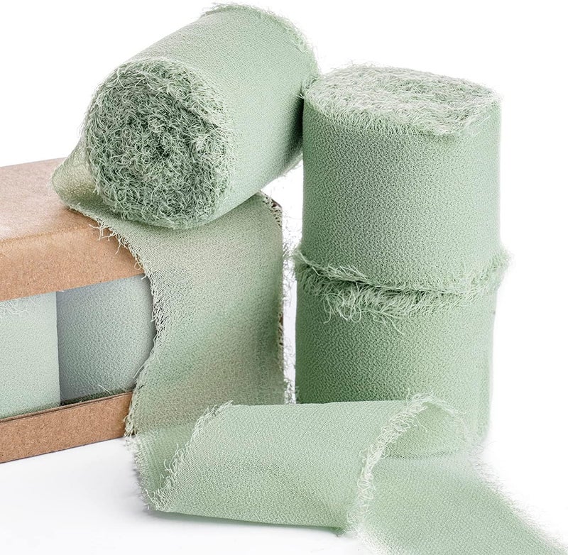 Chiffon Ribbon 3 Rolls 21 Yards Sage Green Handmade Fringe Chiffon Silk Ribbon 15 x 7Yd Ribbons Set for Wedding Invitations Bridal Bouquets Gifts Wrapping DIY Crafts