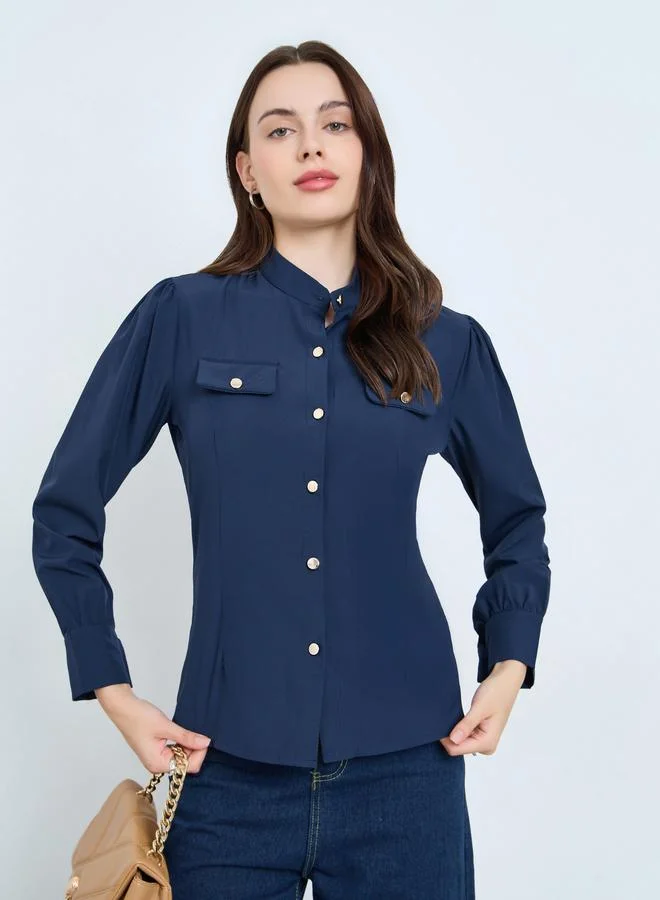 Styli Navy Blue Long Sleeve Buttoned Blouse