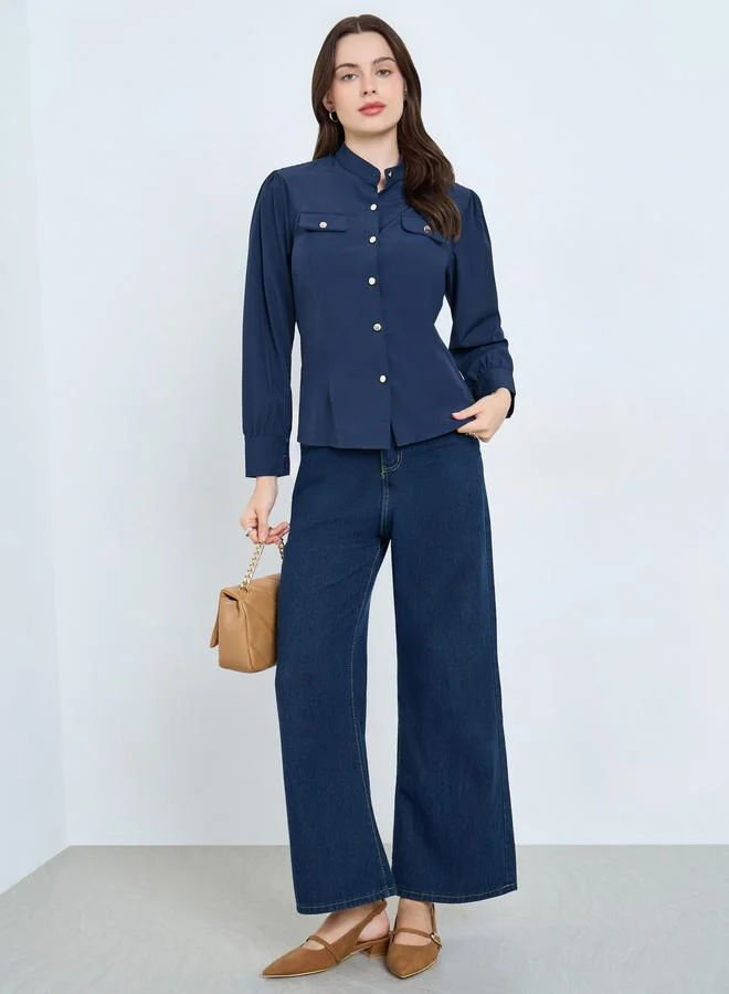 Styli Navy Blue Long Sleeve Buttoned Blouse