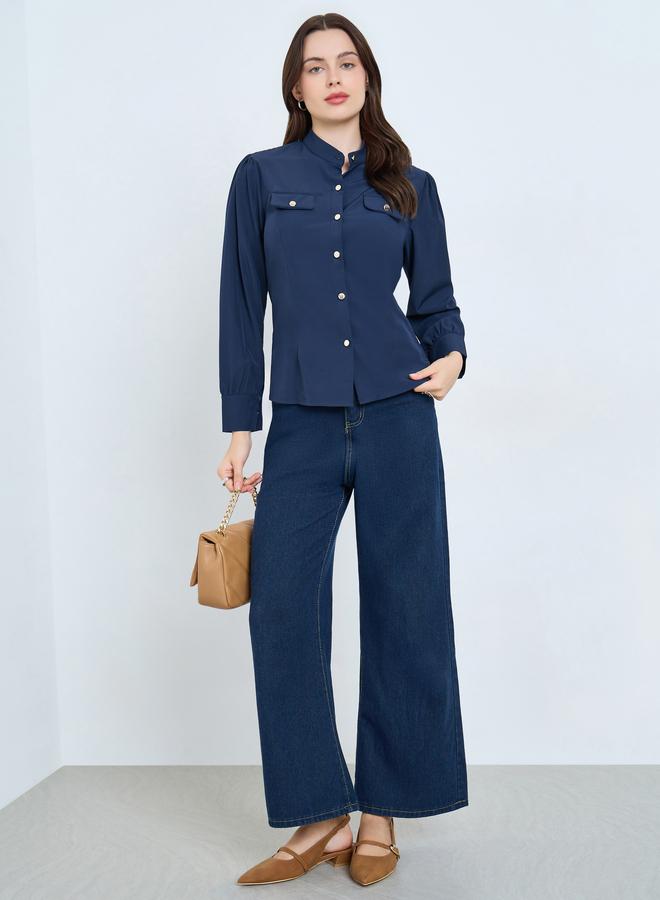 Styli Navy Blue Long Sleeve Buttoned Blouse - Image 2