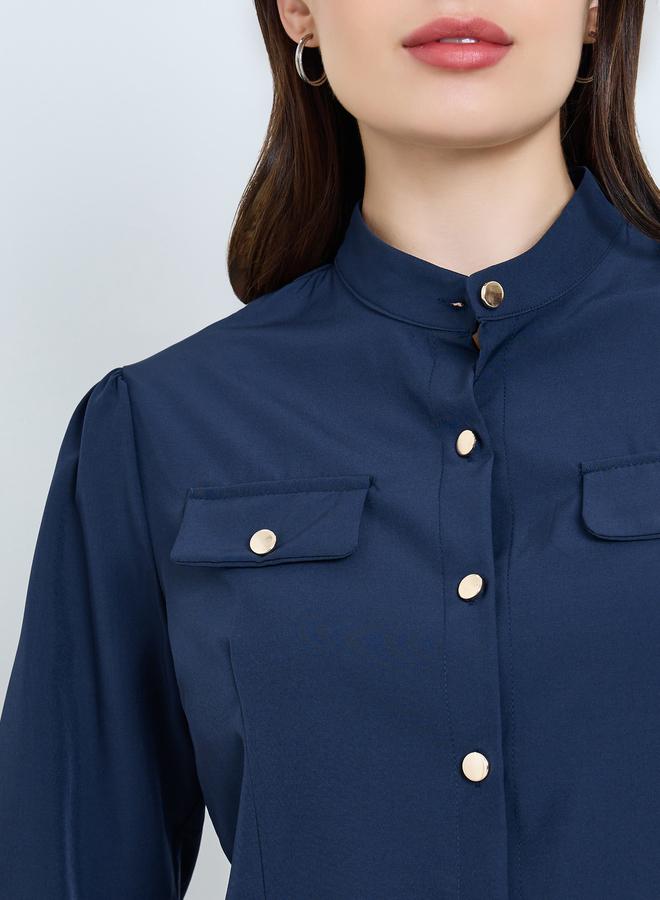 Styli Navy Blue Long Sleeve Buttoned Blouse - Image 3