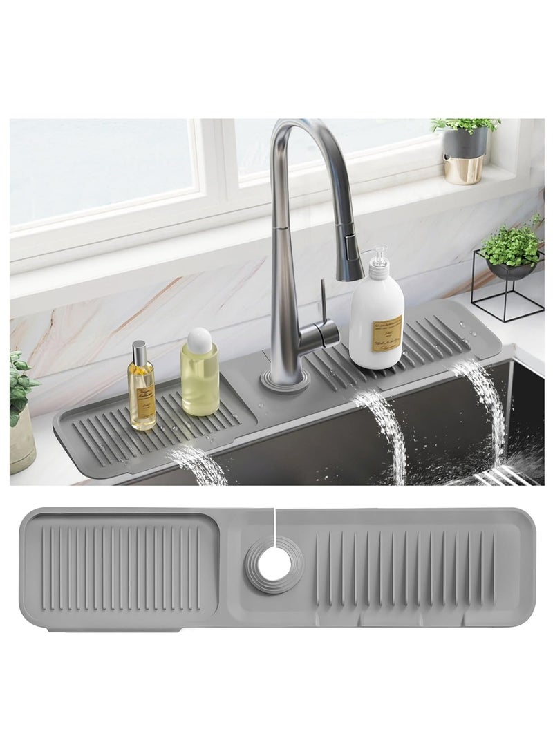 Relex Kitchen Sink Splash Guard, Silicone Draining Mat for Sink, Longer Silicone Faucet Drainer Pad, Sink Protectors for Kitchen Sink Mat, Sponge Holder for Kitchen Sink Accessories, Grey - Image 1
