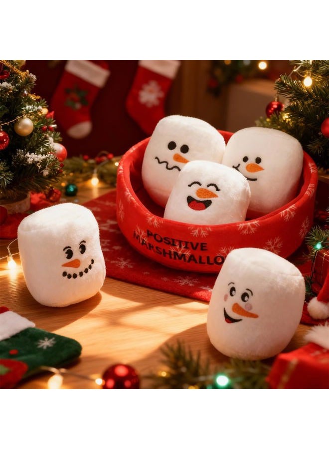 Vertintong Positive Snowman Marshmallows Doll Valentine's Day Basket Stuffers Gifts for Her/him Cuddly Stuffed Marshmallows for Ones of All Ages Winter Party Includes 5 Plushies with Carrying Basket - Image 2