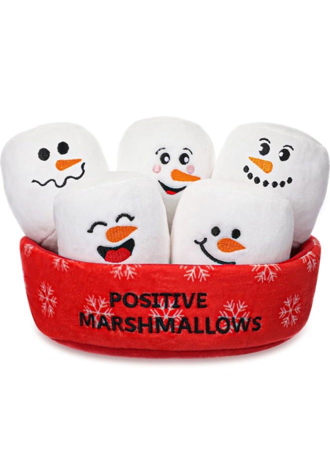 Vertintong Positive Snowman Marshmallows Doll Valentine's Day Basket Stuffers Gifts for Her/him Cuddly Stuffed Marshmallows for Ones of All Ages Winter Party Includes 5 Plushies with Carrying Basket - Image 1