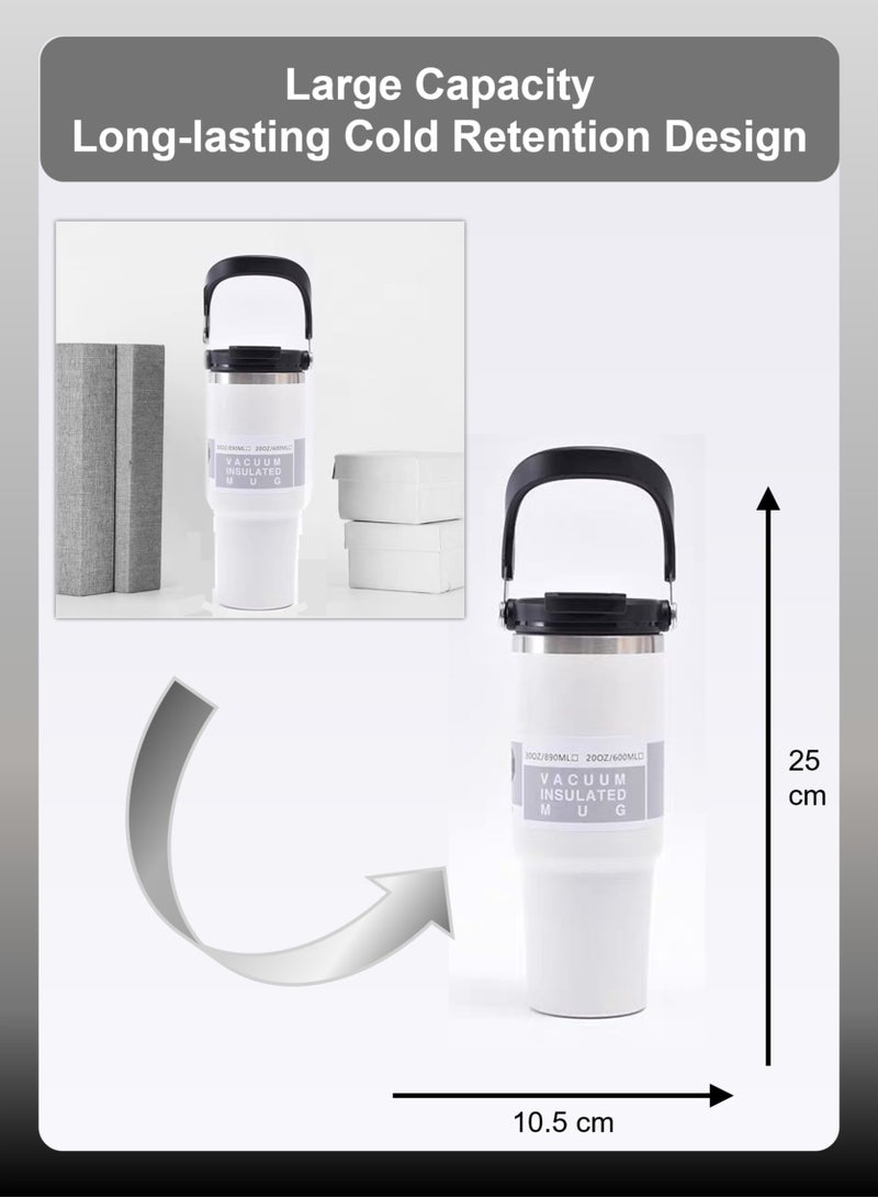 YooA 30 oz Stainless Steel Vacuum Bottle with Dual Spout | Car Cup & Handle, Shatter-Resistant, Cold Retention, Food-Grade, School/Office/Fitness/Outdoors, Gift (10.5*25cm, White) - Image 2