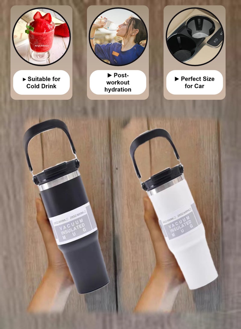 YooA 30 oz Stainless Steel Vacuum Bottle with Dual Spout | Car Cup & Handle, Shatter-Resistant, Cold Retention, Food-Grade, School/Office/Fitness/Outdoors, Gift (10.5*25cm, White) - Image 4