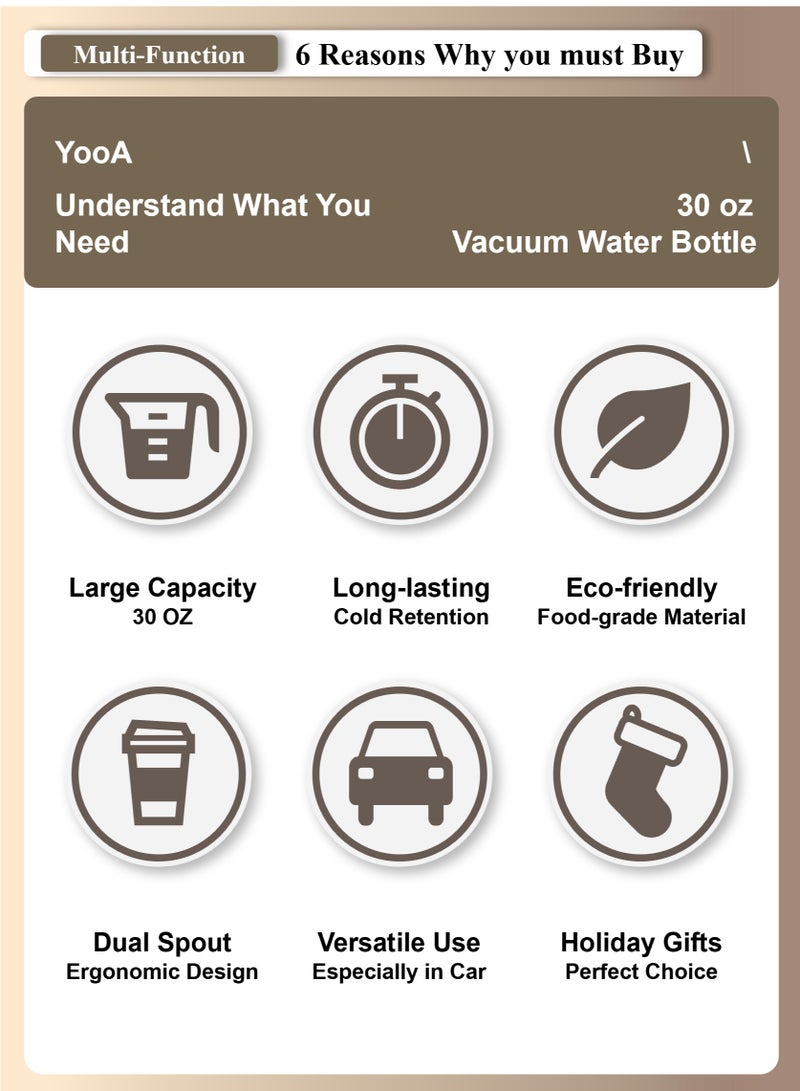 YooA 30 oz Stainless Steel Vacuum Bottle with Dual Spout | Car Cup & Handle, Shatter-Resistant, Cold Retention, Food-Grade, School/Office/Fitness/Outdoors, Gift (10.5*25cm, White) - Image 5
