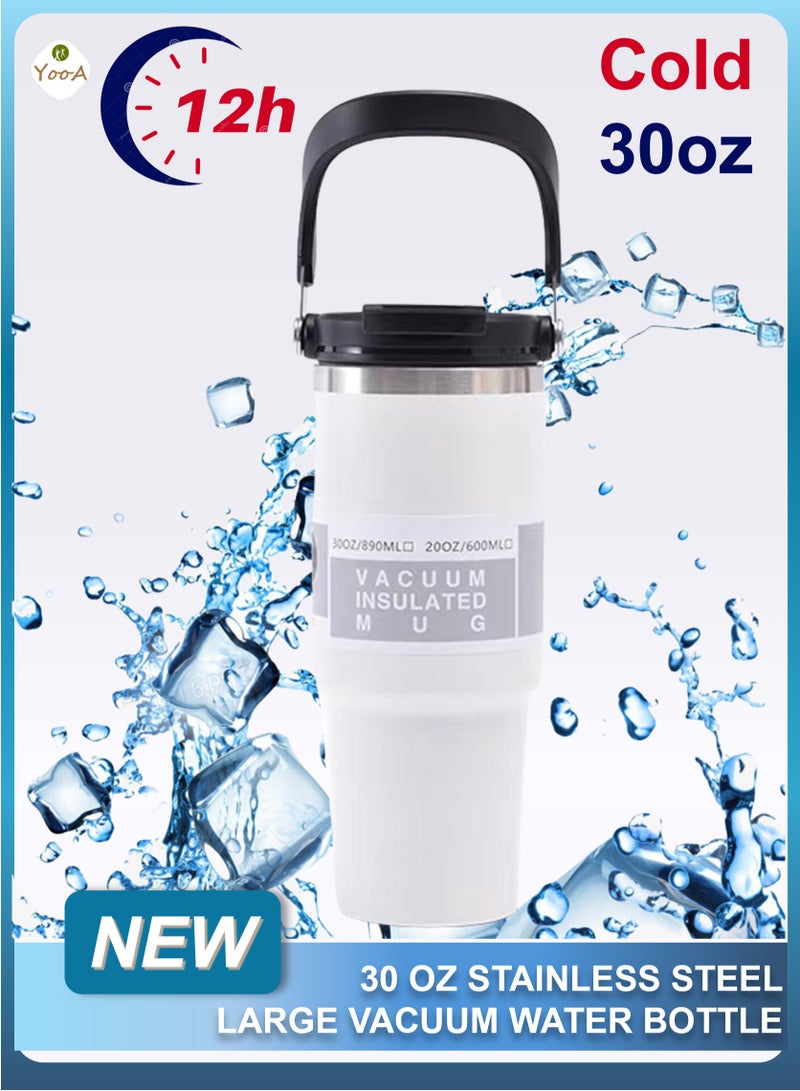 YooA 30 oz Stainless Steel Vacuum Bottle with Dual Spout | Car Cup & Handle, Shatter-Resistant, Cold Retention, Food-Grade, School/Office/Fitness/Outdoors, Gift (10.5*25cm, White) - Image 1