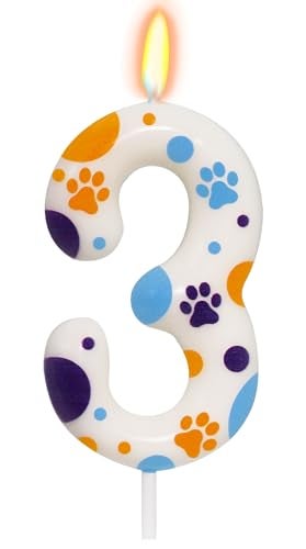 ElekFX Blue Dog Paw Themed Birthday Candles, Number 3 Blue Dog Birthday Party Supplies, 2.76 inch Cake Topper Decorations, Birthday Decorations for Kids (Number 3) - Image 1