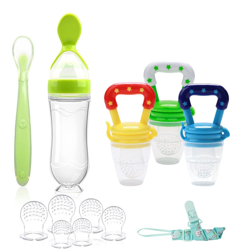 WAJIAYON Food Feeder for Baby, Fruit Feeder Pacifier (3 Pcs) with 6 Different Sized Silicone Pacifiers,Silicone Baby Food Dispensing Spoon 90ML with Babies Spoons,Pacifier Clip Babies Feeding Set - Image 1