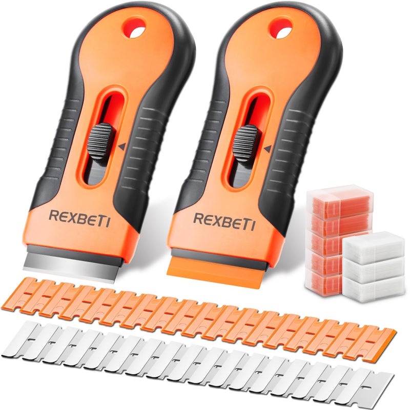 REXBETI REXBETI Razor Blade Scraper Tool, 3 Pack Razor Scraper Set with Extra 30Pcs Metal and 20Pcs Plastic Blades, Cleaning Scraper Tool for Scraping Label, Paint, Stickers, Grease from Windows and Glass  - Image 1