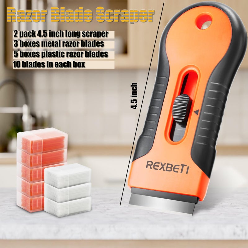 REXBETI REXBETI Razor Blade Scraper Tool, 3 Pack Razor Scraper Set with Extra 30Pcs Metal and 20Pcs Plastic Blades, Cleaning Scraper Tool for Scraping Label, Paint, Stickers, Grease from Windows and Glass  - Image 3