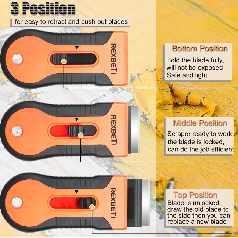 REXBETI REXBETI Razor Blade Scraper Tool, 3 Pack Razor Scraper Set with Extra 30Pcs Metal and 20Pcs Plastic Blades, Cleaning Scraper Tool for Scraping Label, Paint, Stickers, Grease from Windows and Glass  - Image 5