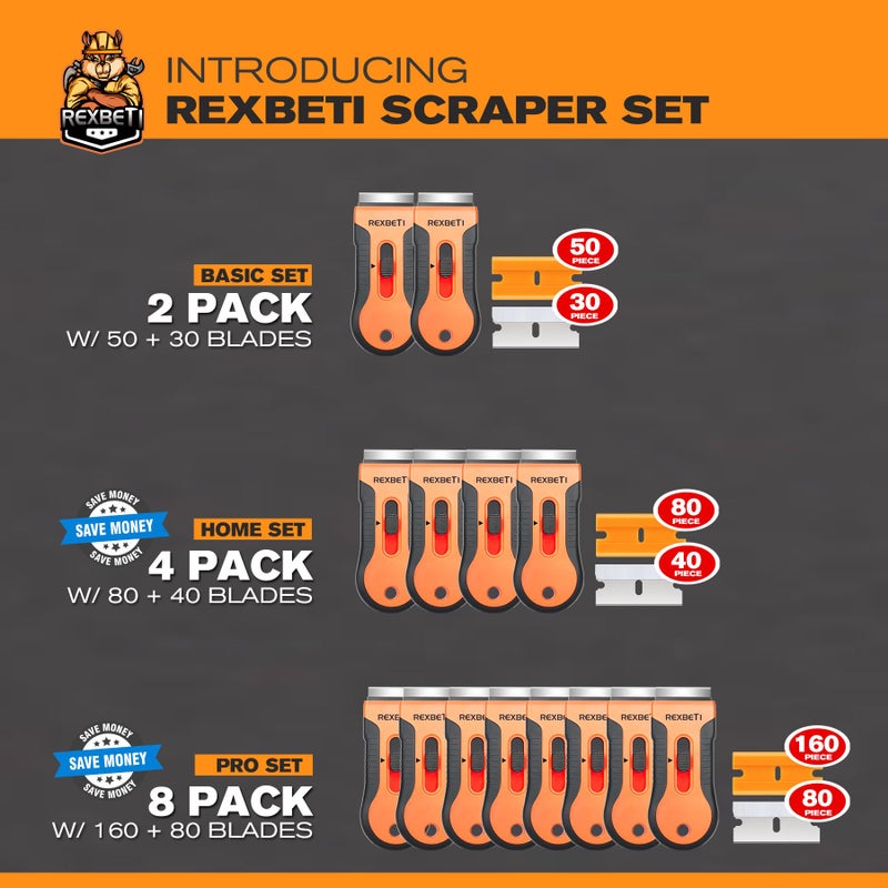 REXBETI REXBETI Razor Blade Scraper Tool, 3 Pack Razor Scraper Set with Extra 30Pcs Metal and 20Pcs Plastic Blades, Cleaning Scraper Tool for Scraping Label, Paint, Stickers, Grease from Windows and Glass  - Image 2