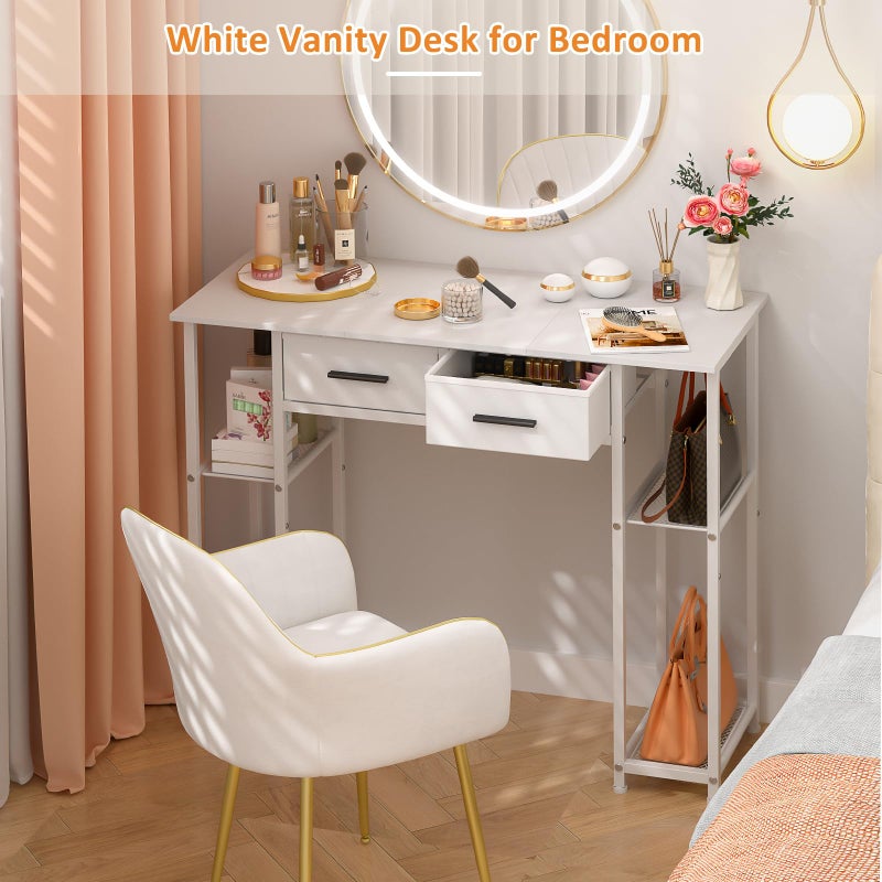 DAOUTIME White Computer Desk with Drawers, 37.3 Inch Home Office Work Desk with Storage Shelf, Kids Teens Study Table for Small Space, Small Writing PC Table for Bedroom Makeup Vanity Desk - Image 5