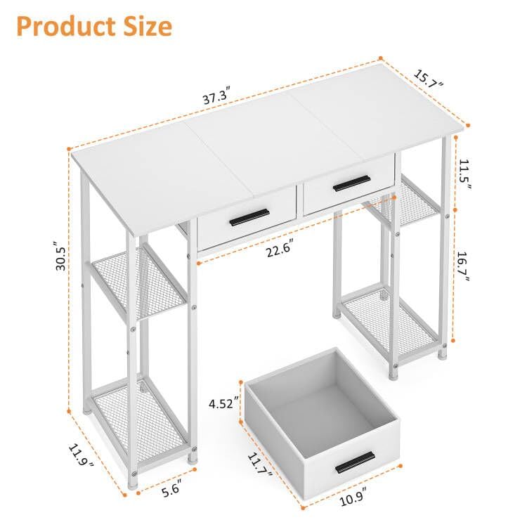 DAOUTIME White Computer Desk with Drawers, 37.3 Inch Home Office Work Desk with Storage Shelf, Kids Teens Study Table for Small Space, Small Writing PC Table for Bedroom Makeup Vanity Desk - Image 3