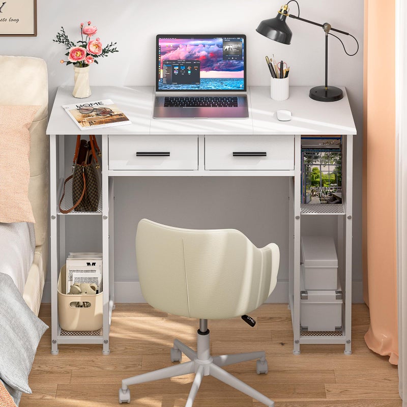 DAOUTIME White Computer Desk with Drawers, 37.3 Inch Home Office Work Desk with Storage Shelf, Kids Teens Study Table for Small Space, Small Writing PC Table for Bedroom Makeup Vanity Desk - Image 1