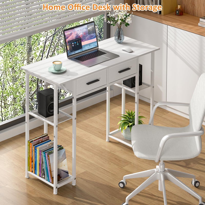 DAOUTIME White Computer Desk with Drawers, 37.3 Inch Home Office Work Desk with Storage Shelf, Kids Teens Study Table for Small Space, Small Writing PC Table for Bedroom Makeup Vanity Desk - Image 4