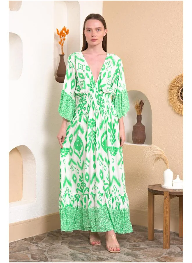 Hoxton Gal Geometric Print V-Neck Maxi Dress with Flutter Sleeves and Shirred Waist in Green and White