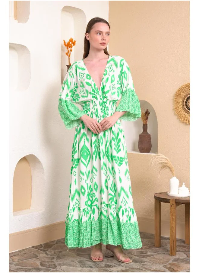 Hoxton Gal Geometric Print V-Neck Maxi Dress with Flutter Sleeves and Shirred Waist in Green and White