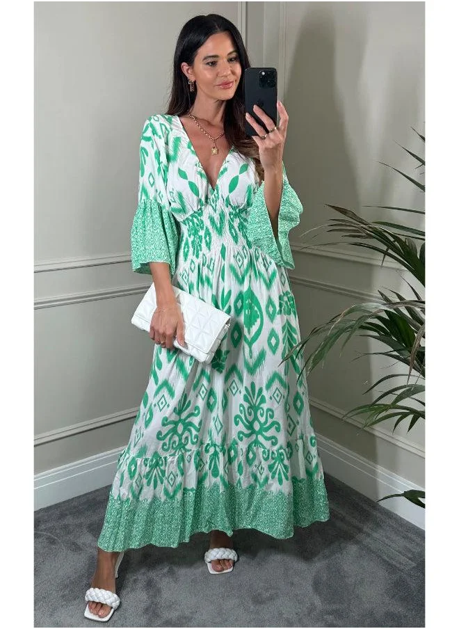 Hoxton Gal Green & White Geometric Print Maxi Dress V‑Neck, Flutter Sleeves and Shirred Waist
