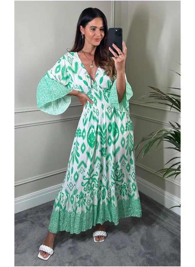 Hoxton Gal Green & White Geometric Print Maxi Dress V‑Neck, Flutter Sleeves and Shirred Waist