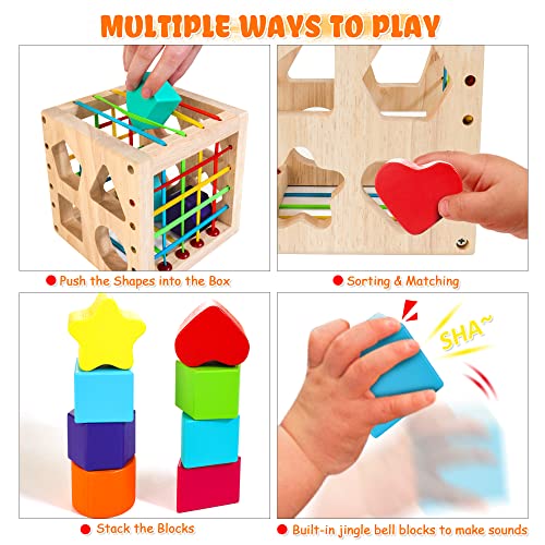 HELLOWOOD Montessori Toys for 1+ Year Old, Wooden Sorter Cube with 8pcs Rattling Shapes, Developmental Learning Toy Gifts for Baby Toddler Boys Girls, Gift Packaging - Image 3