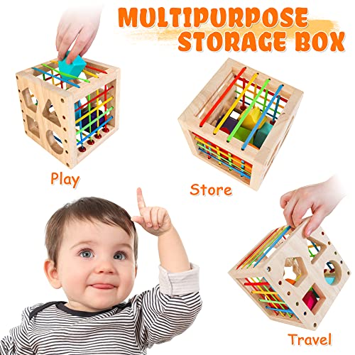 HELLOWOOD Montessori Toys for 1+ Year Old, Wooden Sorter Cube with 8pcs Rattling Shapes, Developmental Learning Toy Gifts for Baby Toddler Boys Girls, Gift Packaging - Image 4