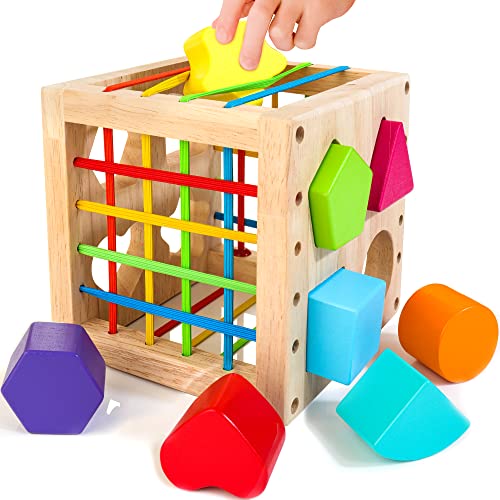 HELLOWOOD Montessori Toys for 1+ Year Old, Wooden Sorter Cube with 8pcs Rattling Shapes, Developmental Learning Toy Gifts for Baby Toddler Boys Girls, Gift Packaging - Image 1