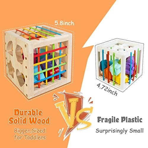 HELLOWOOD Montessori Toys for 1+ Year Old, Wooden Sorter Cube with 8pcs Rattling Shapes, Developmental Learning Toy Gifts for Baby Toddler Boys Girls, Gift Packaging - Image 2