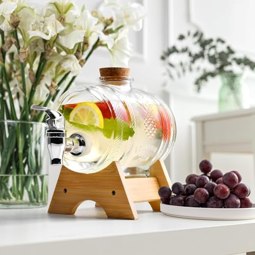 VILON Barrel Shaped Glass Iced Drink Dispenser with Tap | Bamboo Lid & Steel Spout | Cold Beverage Jar for Beer, Water, Juice, Cocktails | Clear Glass Dispenser – 3 litres Capacity (3000 ML) - Image 2