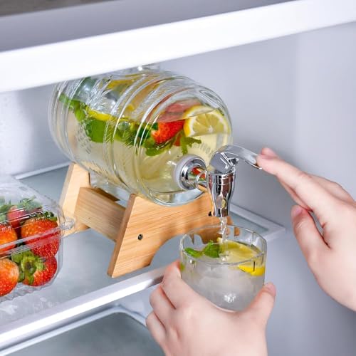 VILON Barrel Shaped Glass Iced Drink Dispenser with Tap | Bamboo Lid & Steel Spout | Cold Beverage Jar for Beer, Water, Juice, Cocktails | Clear Glass Dispenser – 3 litres Capacity (3000 ML) - Image 3