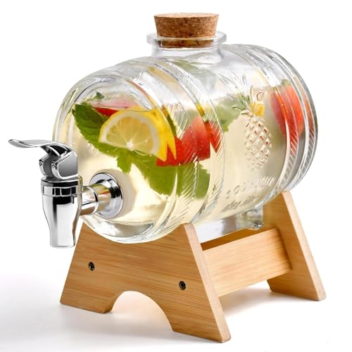 VILON Barrel Shaped Glass Iced Drink Dispenser with Tap | Bamboo Lid & Steel Spout | Cold Beverage Jar for Beer, Water, Juice, Cocktails | Clear Glass Dispenser – 3 litres Capacity (3000 ML) - Image 1