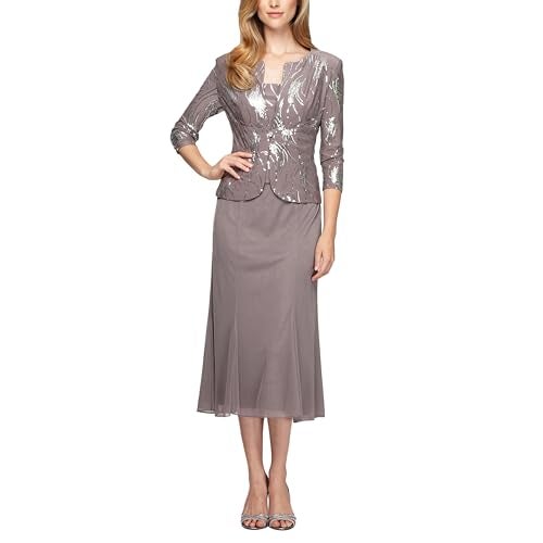 Alex Evenings Women's Tea Length Mock Jacket Dress with Button Front, Pewter/Frost, 12 - Image 1