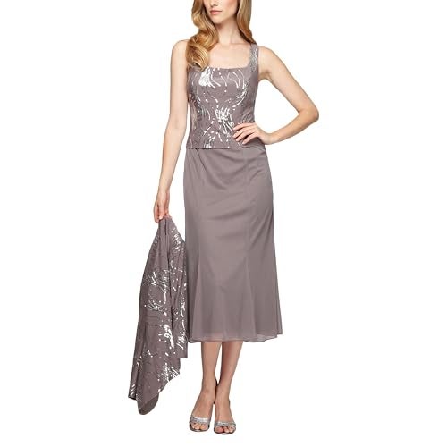 Alex Evenings Women's Tea Length Mock Jacket Dress with Button Front, Pewter/Frost, 12 - Image 2