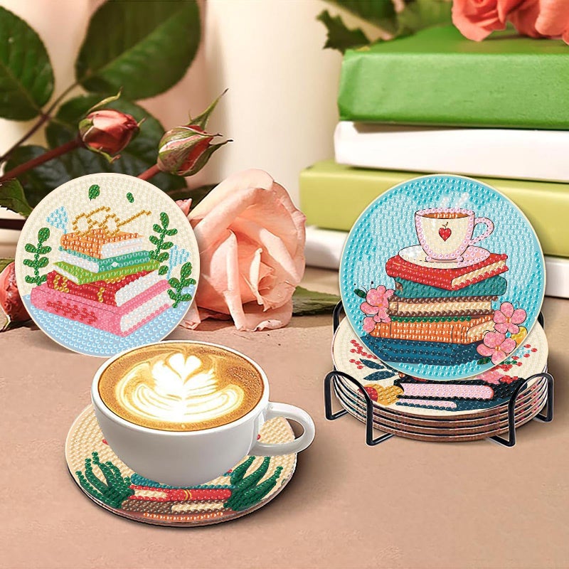 Fotasmua 8 Pcs Book Diamond Art Coasters Kit for Adults, Book Lovers Wooden Coffee Diamond Painting Coasters with Holder, 5D Gem Art Dots Painting Coaster with Cork Pads - Crafts Supplies for Home Decor - Image 5