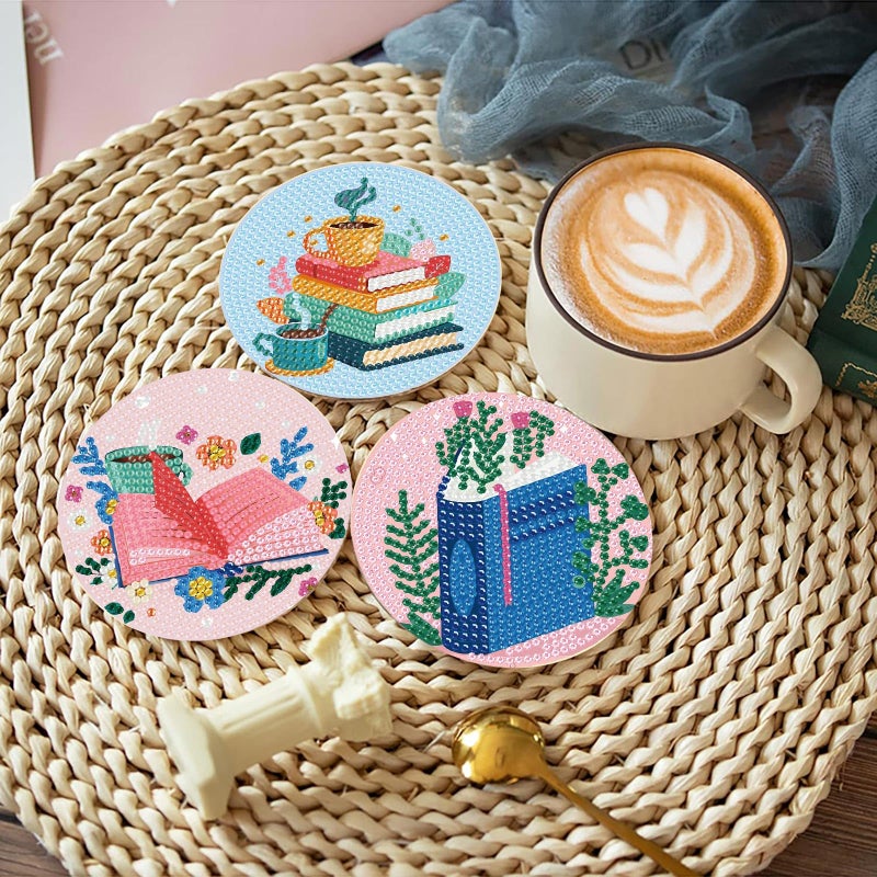 Fotasmua 8 Pcs Book Diamond Art Coasters Kit for Adults, Book Lovers Wooden Coffee Diamond Painting Coasters with Holder, 5D Gem Art Dots Painting Coaster with Cork Pads - Crafts Supplies for Home Decor - Image 3
