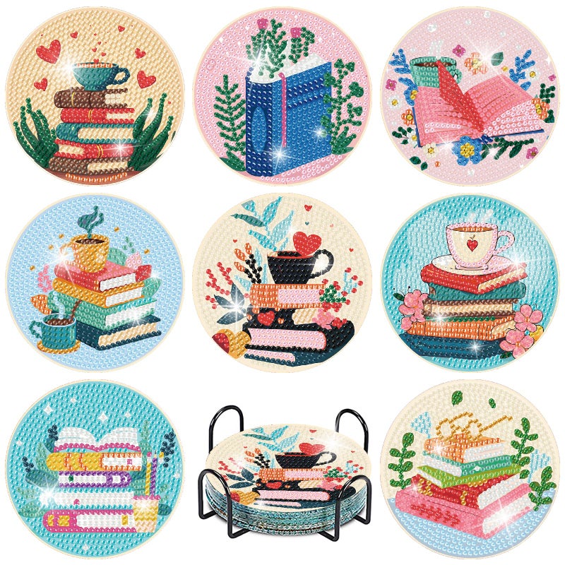 Fotasmua 8 Pcs Book Diamond Art Coasters Kit for Adults, Book Lovers Wooden Coffee Diamond Painting Coasters with Holder, 5D Gem Art Dots Painting Coaster with Cork Pads - Crafts Supplies for Home Decor - Image 1