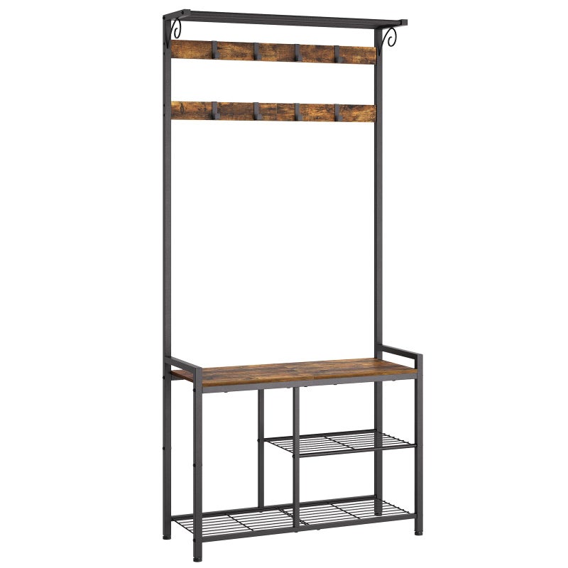 YATINEY YATINEY Coat Rack Shoe Bench 4in1 Hall Tree with Storage Shelves and Hanging Rod Entryway Storage Organizer with 8 Movable Hooks for Entryway Hallway Corridor Rustic Brown and Black MT12BR