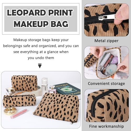 Gocvo 3 Pcs Makeup Bag Cosmetic Bag Set for Girls Women Travel Organizer Bathroom Toiletry Pouch Large Capacity Storage Bag (Leopard Brown) - Image 3