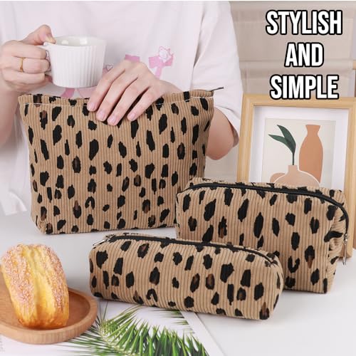 Gocvo 3 Pcs Makeup Bag Cosmetic Bag Set for Girls Women Travel Organizer Bathroom Toiletry Pouch Large Capacity Storage Bag (Leopard Brown) - Image 4