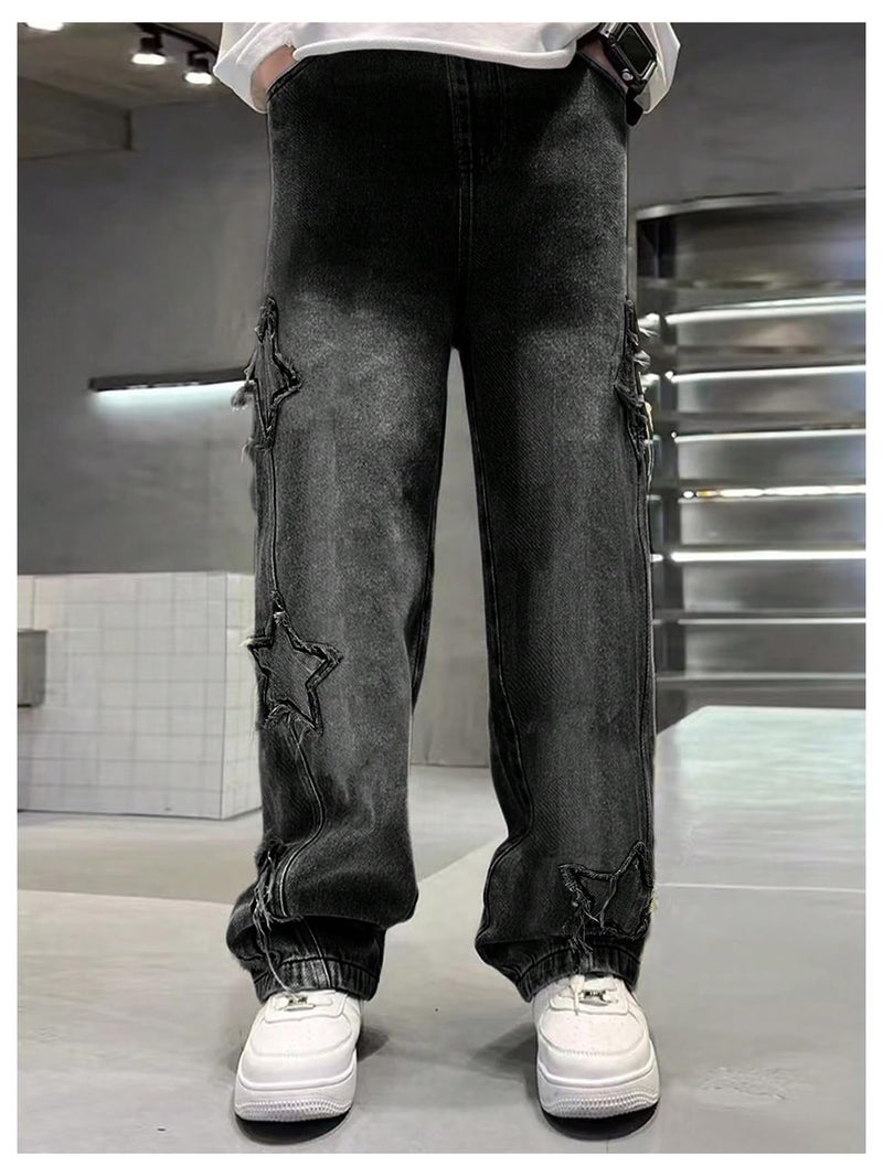 SHENHE Boy's Star Baggy Jeans Teen Boys Straight Wide Leg Denim Pants with Pockets Black 10-11Y - Image 5