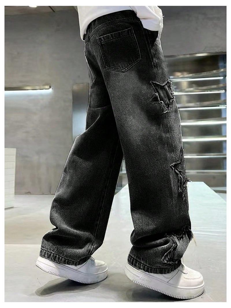 SHENHE Boy's Star Baggy Jeans Teen Boys Straight Wide Leg Denim Pants with Pockets Black 10-11Y - Image 3