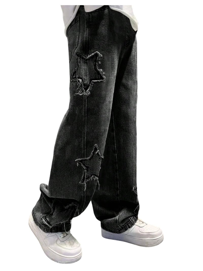 SHENHE Boy's Star Baggy Jeans Teen Boys Straight Wide Leg Denim Pants with Pockets Black 10-11Y - Image 1