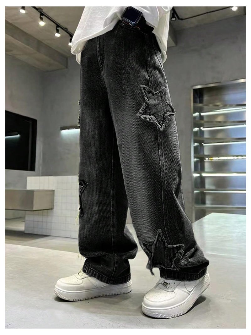 SHENHE Boy's Star Baggy Jeans Teen Boys Straight Wide Leg Denim Pants with Pockets Black 10-11Y - Image 2
